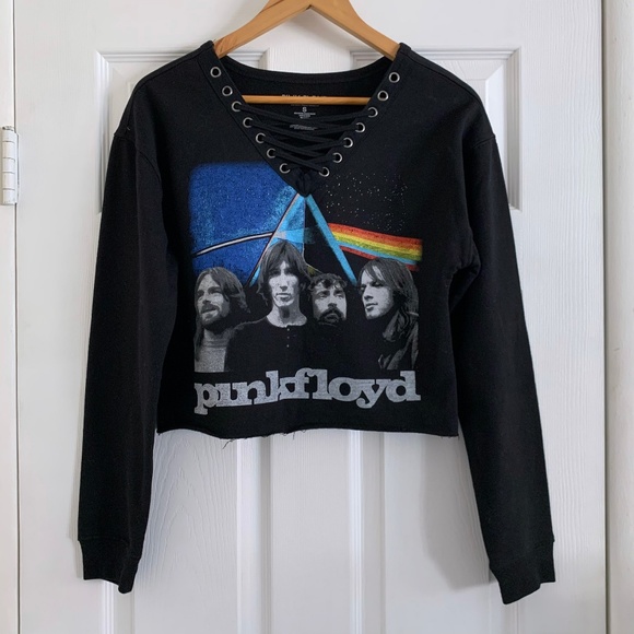 Pink Floyd Lace Up Neckline Cropped Sweater - Picture 1 of 4